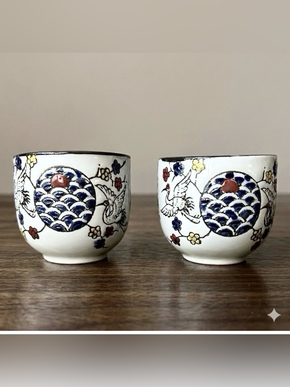 2 EBROS GIFT Sake/Tea Cups Flying White Cranes Red Moon Night Sky Asian Ceramic